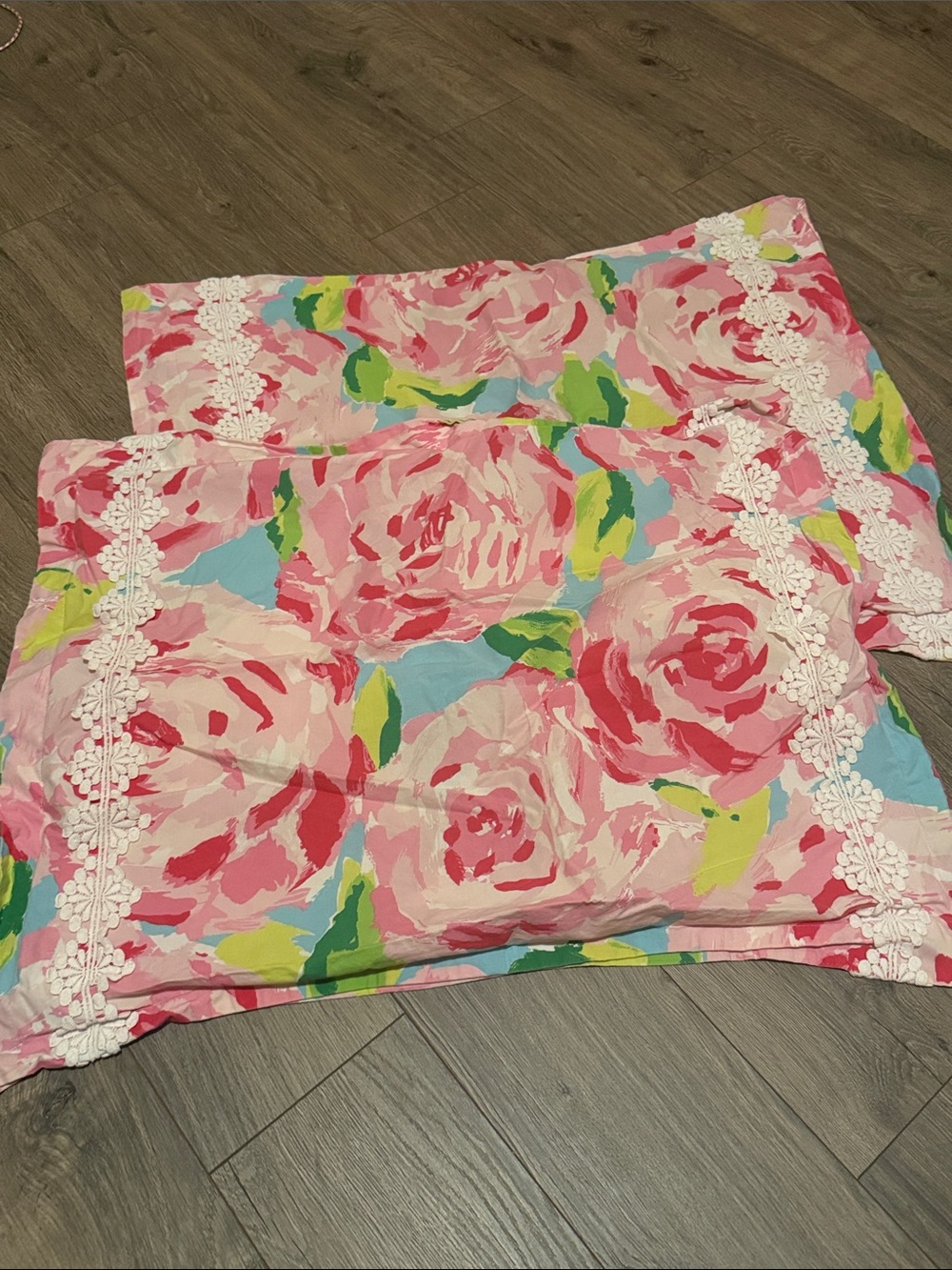 Lilly Pulitzer Pink Floral Pillow Shams with White Lace Trim set of 2